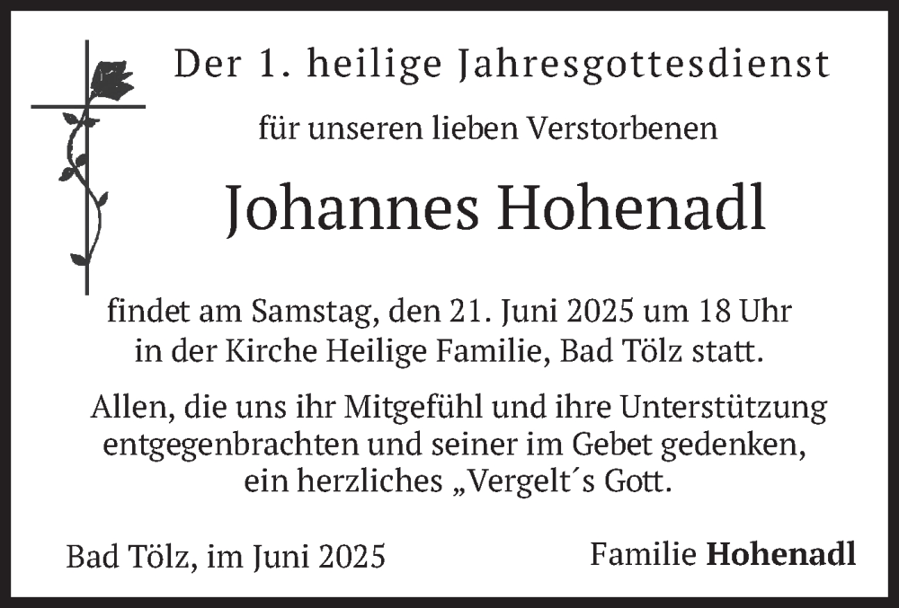  Traueranzeige für Johannes Hohenadl vom 17.06.2025 aus merkurtz