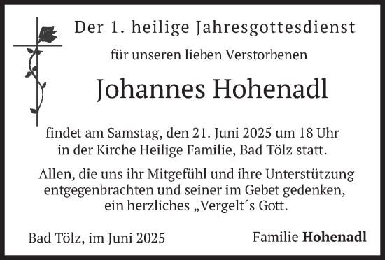 Traueranzeige von Johannes Hohenadl von merkurtz
