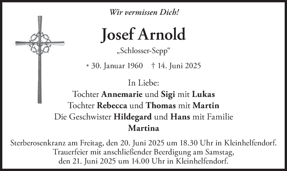  Traueranzeige für Josef Arnold vom 18.06.2025 aus merkurtz