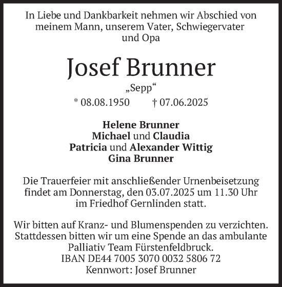 Traueranzeige von Josef Brunner von merkurtz