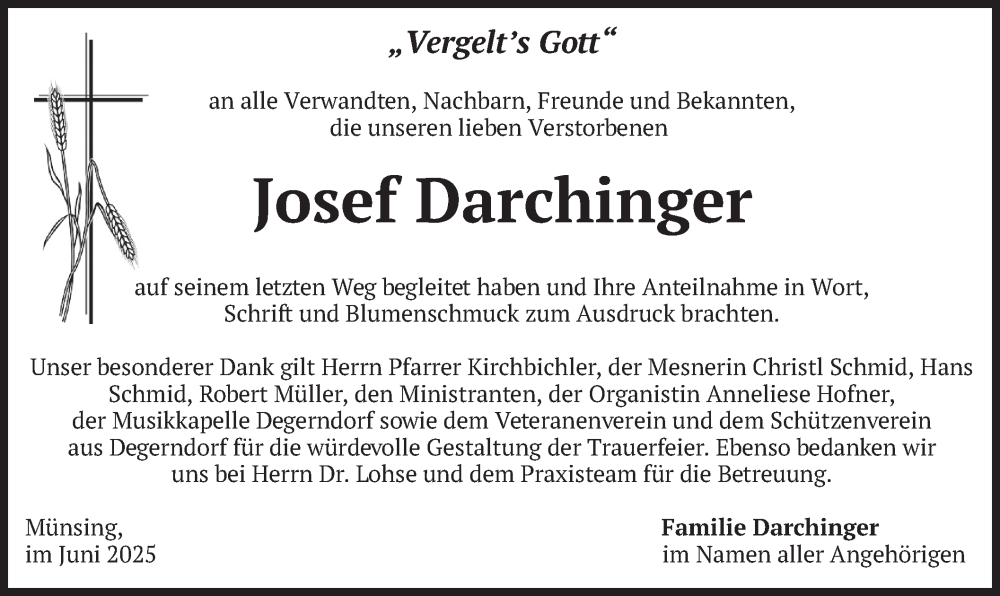  Traueranzeige für Josef Darchinger vom 14.06.2025 aus merkurtz