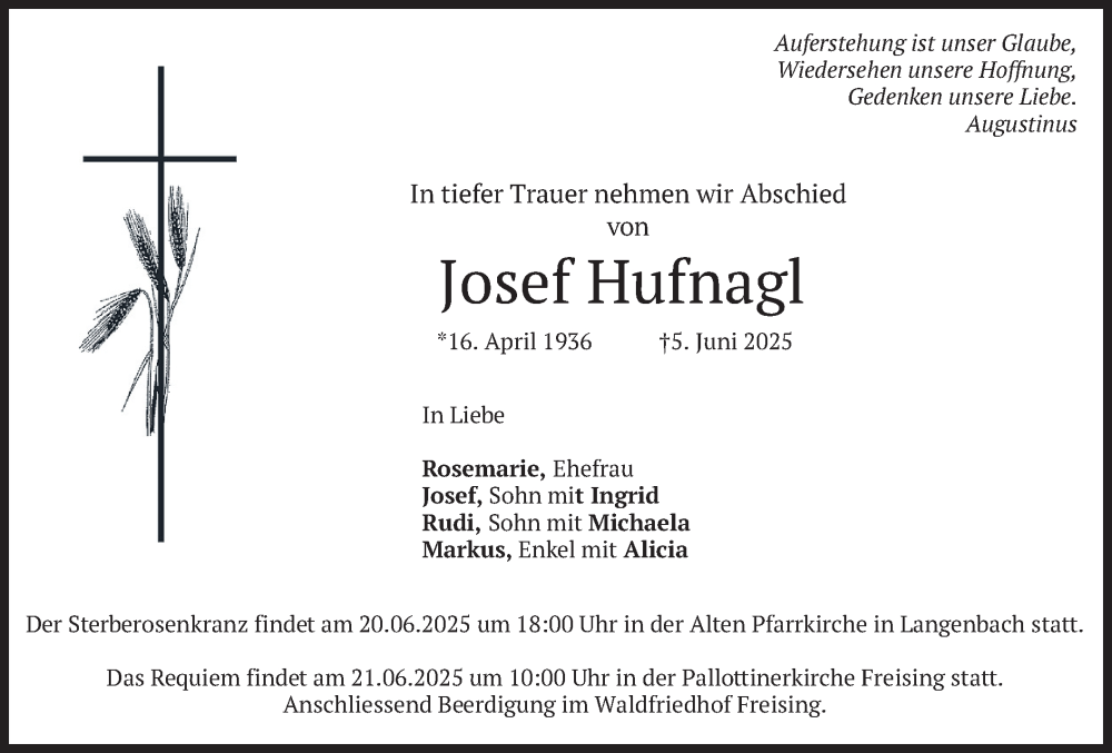  Traueranzeige für Josef Hufnagl vom 14.06.2025 aus merkurtz