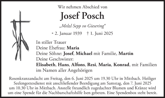 Traueranzeige von Josef Posch von merkurtz