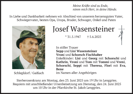 Traueranzeige von Josef Wasensteiner von merkurtz