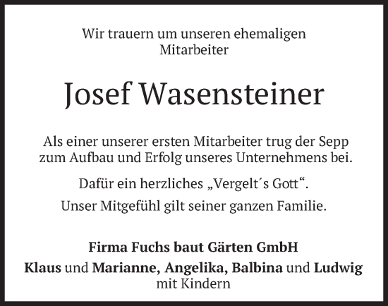Traueranzeige von Josef Wasensteiner von merkurtz