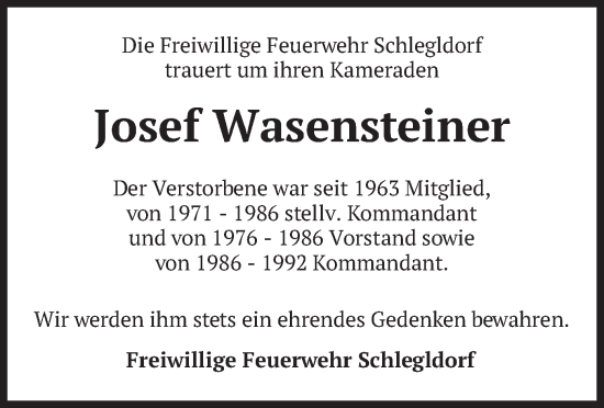 Traueranzeige von Josef Wasensteiner von merkurtz