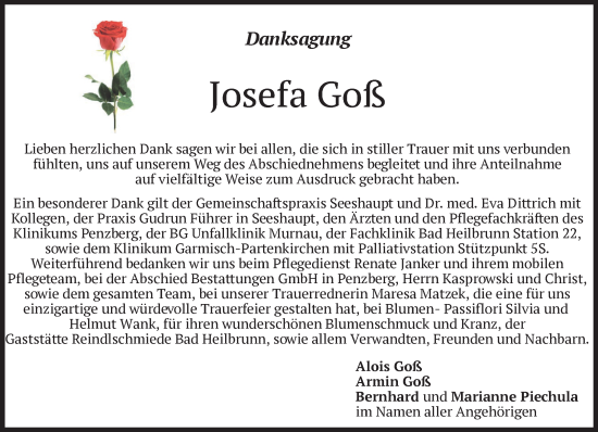 Traueranzeige von Josefa Goß von Das Gelbe Blatt Penzberg