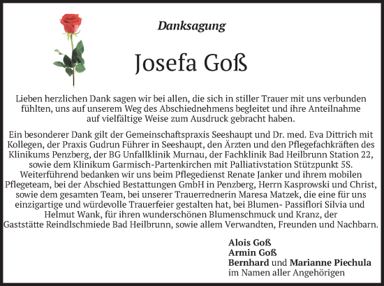 Traueranzeige von Josefa Goß von merkurtz