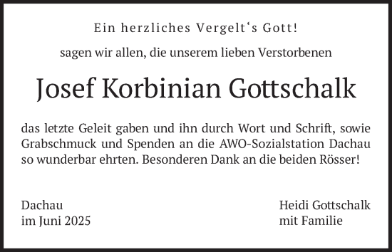 Traueranzeige von Josef Korbinian Gottschalk von merkurtz