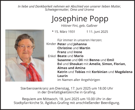 Traueranzeige von Josephine Popp von merkurtz