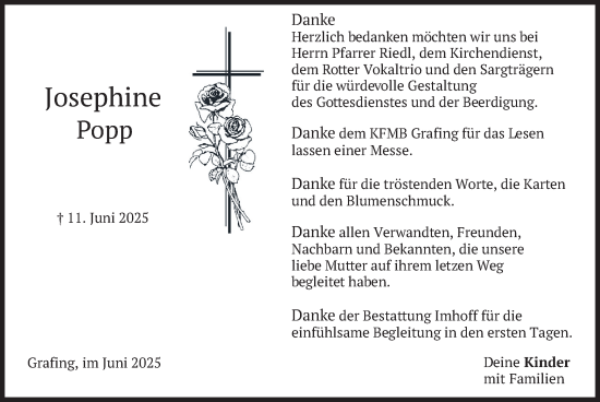 Traueranzeige von Josephine Popp von merkurtz