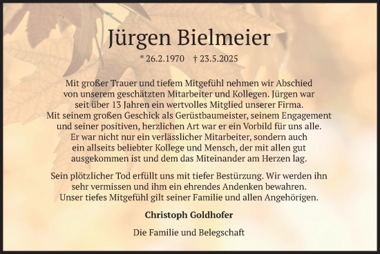 Traueranzeige von Jürgen Bielmeier von merkurtz