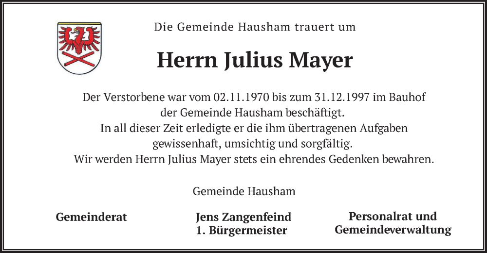  Traueranzeige für Julius Mayer vom 07.06.2025 aus merkurtz