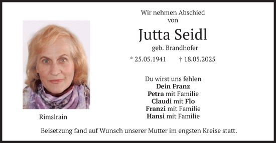 Traueranzeige von Jutta Seidl von merkurtz