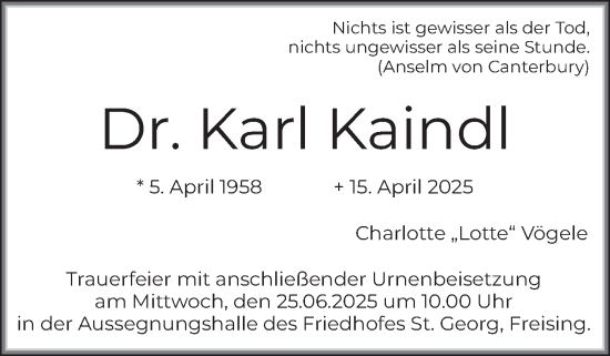 Traueranzeige von Karl Kaindl von merkurtz