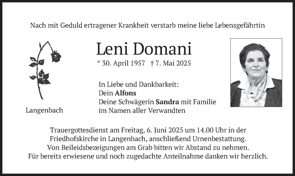  Traueranzeige für Leni Domani vom 03.06.2025 aus merkurtz