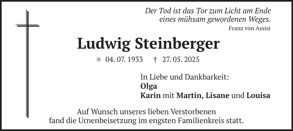  Traueranzeige für Ludwig Steinberger vom 21.06.2025 aus merkurtz