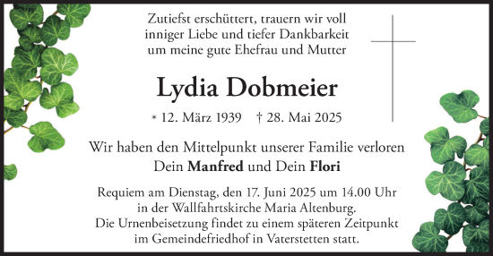 Traueranzeige von Lydia Dobmeier von merkurtz