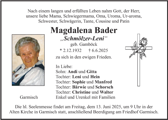 Traueranzeige von Magdalena Bader von merkurtz