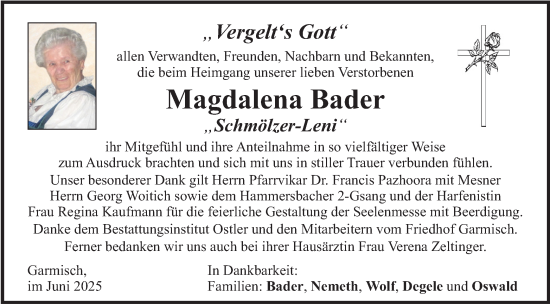 Traueranzeige von Magdalena Bader von merkurtz