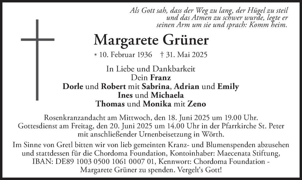  Traueranzeige für Margarete Grüner vom 14.06.2025 aus merkurtz