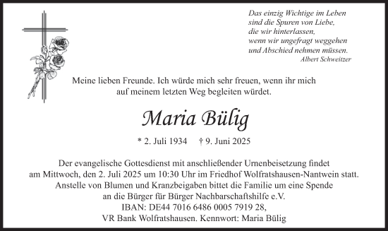 Traueranzeige von Maria Bülig von merkurtz