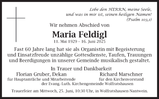 Traueranzeige von Maria Feldigl von merkurtz