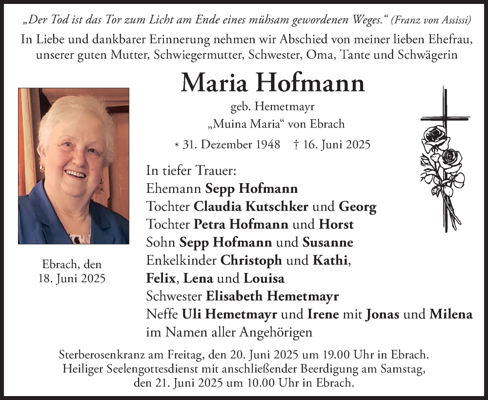  Traueranzeige für Maria Hofmann vom 18.06.2025 aus merkurtz