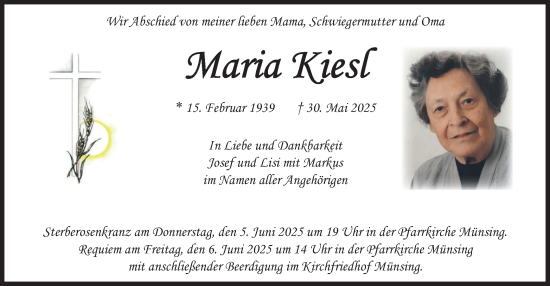 Traueranzeige von Maria Kiesl von merkurtz