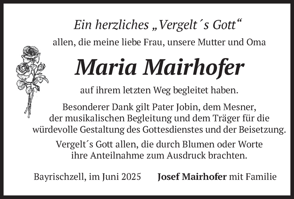  Traueranzeige für Maria Mairhofer vom 07.06.2025 aus merkurtz