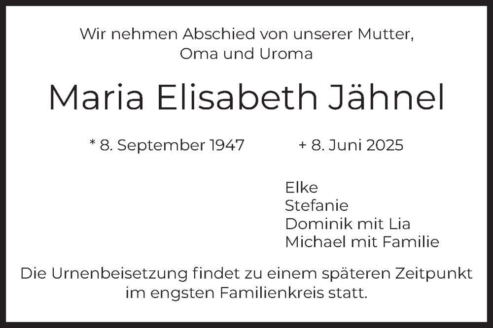  Traueranzeige für Maria Elisabeth Jähnel vom 21.06.2025 aus merkurtz