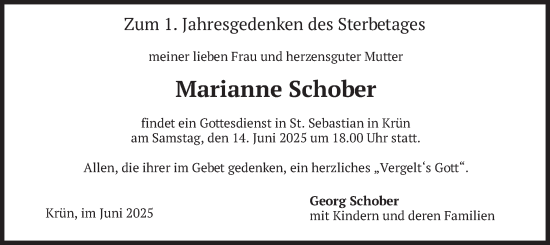 Traueranzeige von Marianne Schober von merkurtz