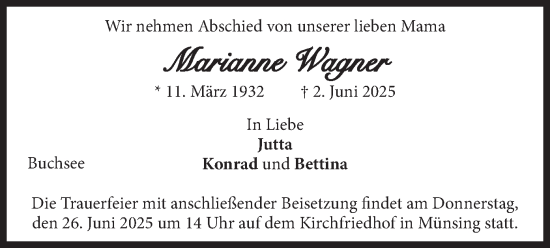 Traueranzeige von Marianne Wagner von merkurtz