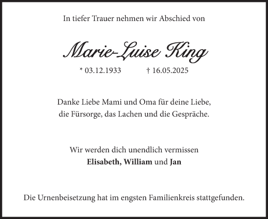 Traueranzeige von Marie-Louise King von merkurtz