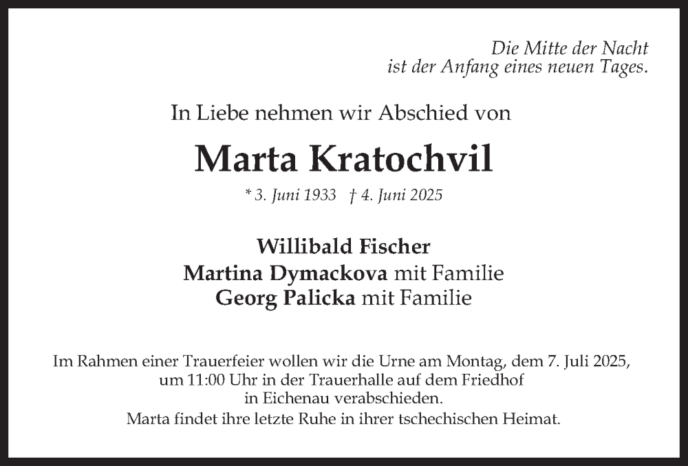  Traueranzeige für Marta Kratochvil vom 28.06.2025 aus merkurtz