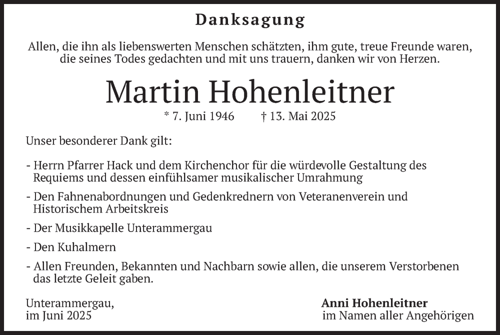  Traueranzeige für Martin Hohenleitner vom 07.06.2025 aus merkurtz
