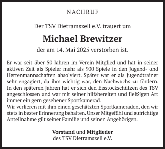 Traueranzeige von Michael Brewitzer von merkurtz