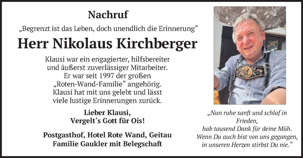  Traueranzeige für Nikolaus Kirchberger vom 14.06.2025 aus merkurtz