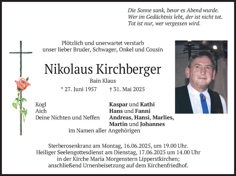  Traueranzeige für Nikolaus Kirchberger vom 14.06.2025 aus merkurtz