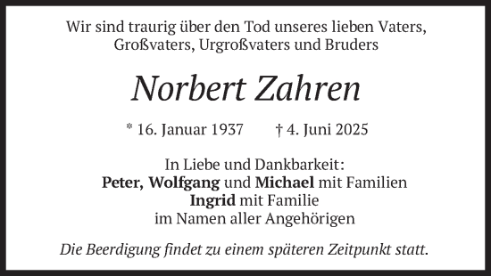 Traueranzeige von Norbert Zahren von merkurtz