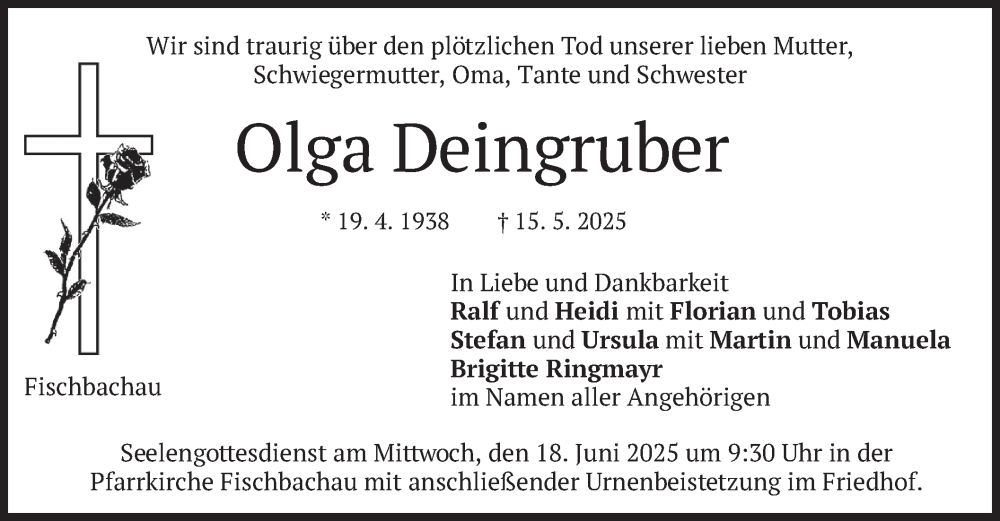  Traueranzeige für Olga Deingruber vom 14.06.2025 aus merkurtz