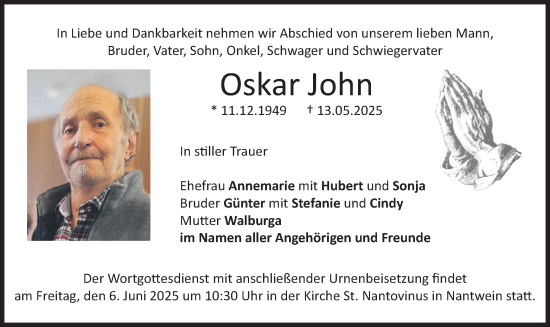 Traueranzeige von Oskar John von merkurtz