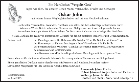 Traueranzeige von Oskar John von merkurtz