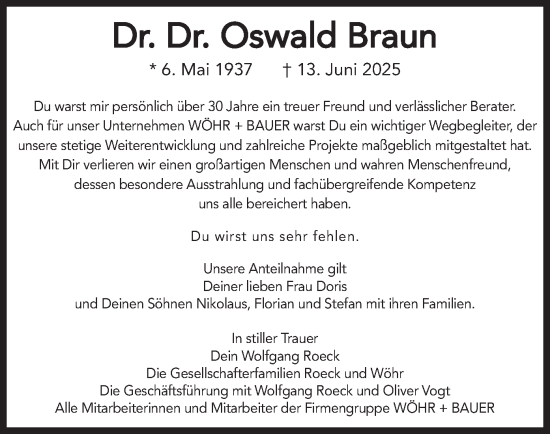 Traueranzeige von Oswald Braun von merkurtz