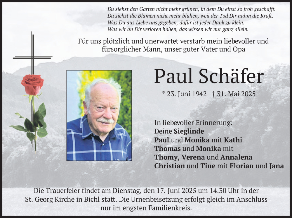  Traueranzeige für Paul Schäfer vom 14.06.2025 aus merkurtz