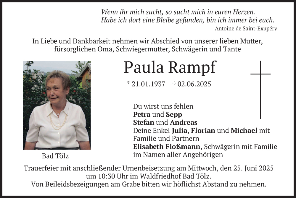  Traueranzeige für Paula Rampf vom 21.06.2025 aus merkurtz