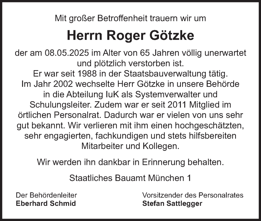  Traueranzeige für Roger Götzke vom 30.06.2025 aus merkurtz