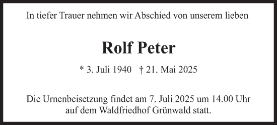 Traueranzeige von Rolf Peter von merkurtz