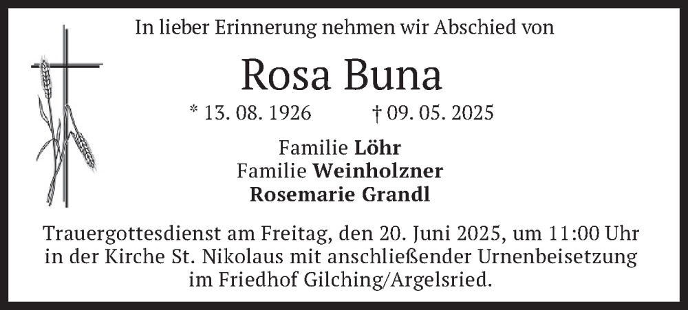  Traueranzeige für Rosa Buna vom 14.06.2025 aus merkurtz
