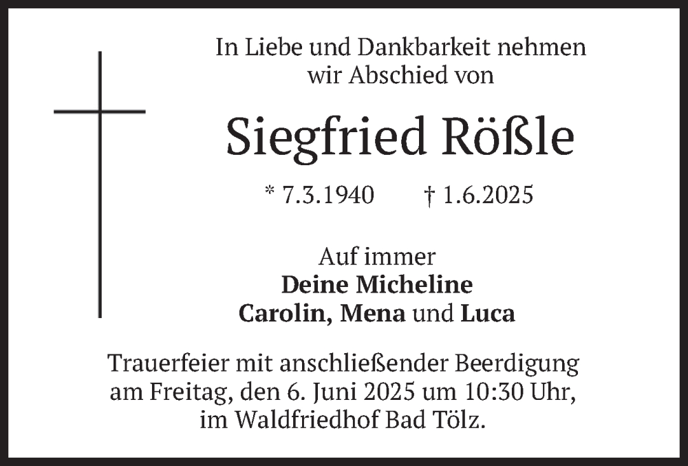  Traueranzeige für Siegfried Rößle vom 04.06.2025 aus merkurtz